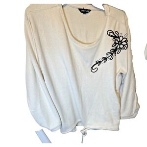 Love and Lace XL Cream Sweater with Black and Pearl Embellishments